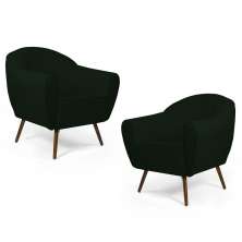 Kit 02 Poltronas Decorativas Nina Pés Palito Madeira C-117 Linho Verde Musgo - Domi