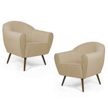 Kit 02 Poltronas Decorativas Nina Pés Palito Madeira C-129 Linho Bege Escuro - Domi