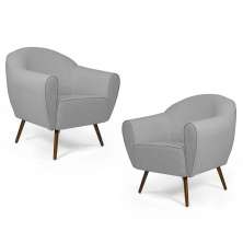 Kit 02 Poltronas Decorativas Nina Pés Palito Madeira C-315 Linho Cinza Claro - Domi