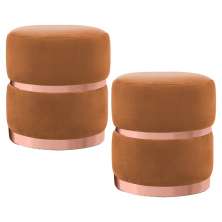 Kit 2 Puffs Decorativos Cinto e Aro Rosê Round B-262 Veludo Laranja - Domi