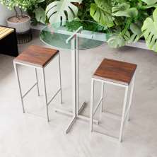 Conjunto Mesa Alta Bar Bistrô Redonda Vidro 2 Bancos Imbuia Industrial White