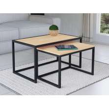 Conjunto Mesa De Centro Industrial 65cm e 60cm Aço Preto Duo Madeira Pinus