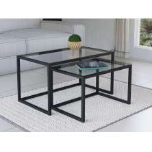 Conjunto Mesa De Centro Industrial 65cm e 60cm Aço Preto Duo Vidro