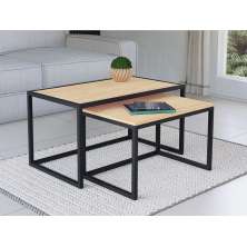 Conjunto Mesa De Centro Industrial 85cm e 80cm Aço Preto Duo Madeira Pinus