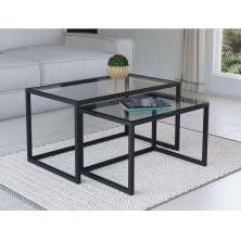 Conjunto Mesa De Centro Industrial 85cm e 80cm Aço Preto Duo Vidro