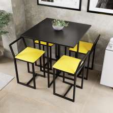 Conjunto Mesa Preta 4 Cadeiras Pequena Estofado Industrial Black e Amarelo