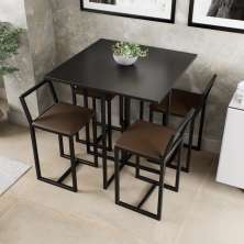 Conjunto Mesa Preta 4 Cadeiras Pequena Estofado Industrial Black e Marrom