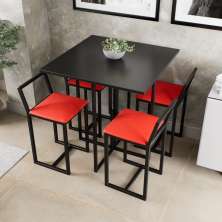 Conjunto Mesa Preta 4 Cadeiras Pequena Estofado Industrial Black e Vermelho