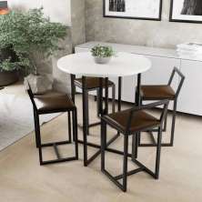 Conjunto Mesa Redonda Branca 4 Cadeiras Pequena Estofado Industrial Black e Marrom