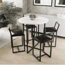 Conjunto Mesa Redonda Branca 4 Cadeiras Pequena Estofado Industrial Black e Preto