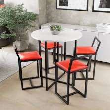 Conjunto Mesa Redonda Branca 4 Cadeiras Pequena Estofado Industrial Black e Vermelho