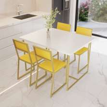 Conjunto Mesa de Jantar Retangular Branca 4 Cadeiras Estofado Riviera Industrial Dourado e Amarelo