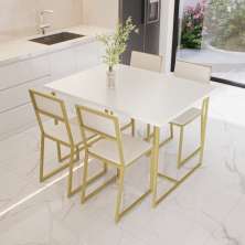 Conjunto Mesa de Jantar Retangular Branca 4 Cadeiras Estofado Riviera Industrial Dourado e Laca Branca