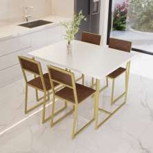 Conjunto Mesa de Jantar Retangular Branca 4 Cadeiras Estofado Riviera Industrial Dourado e Marrom