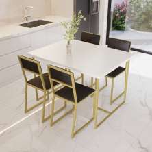 Conjunto Mesa de Jantar Retangular Branca 4 Cadeiras Estofado Riviera Industrial Dourado e Preto