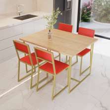 Conjunto Mesa de Jantar Retangular Branca 4 Cadeiras Estofado Riviera Industrial Dourado e Vermelho