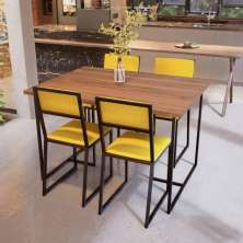 Conjunto Mesa de Jantar Retangular Imbuia 4 Cadeiras Riviera Industrial Preto Estofado Amarelo