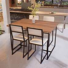 Conjunto Mesa de Jantar Retangular Imbuia 4 Cadeiras Riviera Industrial Preto Estofado Laca Branca