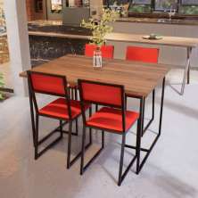 Conjunto Mesa de Jantar Retangular Imbuia 4 Cadeiras Riviera Industrial Preto Estofado Vermelho
