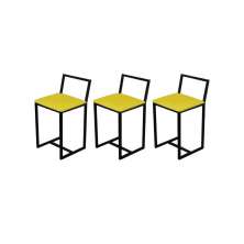 Kit 3 Banqueta Baixa Para Cozinha Preta Industrial Assento Estofado Amarelo