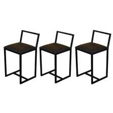 Kit 3 Banqueta Baixa Para Cozinha Preta Industrial Assento Estofado Marrom