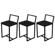 Kit 3 Banqueta Baixa Para Cozinha Preta Industrial Assento Estofado Preto