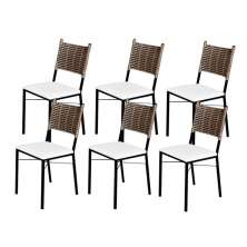 Kit 6 Cadeiras Para Cozinha Preta Ratan Cappuccino Assento Estofado Laca Branca