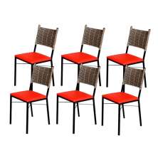 Kit 6 Cadeiras Para Cozinha Preta Ratan Cappuccino Assento Estofado Vermelho