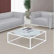 Mesa De Centro Sala 64x64x33cm Aço Branco e Vidro Industrial Moon