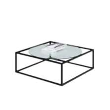 Mesa De Centro Sala 84x84x35cm Aço Preto e Vidro Industrial Moon
