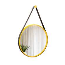Espelho Decorativo Adnet Amarelo Alça Courino Preta 60 Cm Redondo Amarelo/Preto, 60 cm