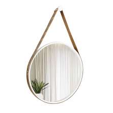 Espelho Decorativo Adnet Branco Alça Courino Rajada 60 Cm Redondo Branco/Rajado, 60 cm
