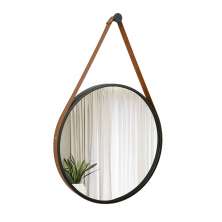 Espelho Decorativo Adnet Preto Alça Corino Caramelo 50 cm Redondo Preto/Caramelo, 50 cm