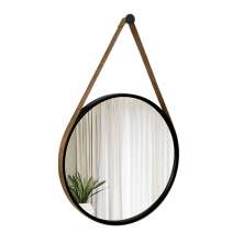 Espelho Decorativo Adnet Preto Alça Courino Rajada 60 Cm Redondo Preto/Rajado, 60 cm