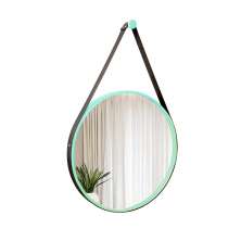 Espelho Decorativo Adnet Verde Alça Courino Preta 60 Cm Redondo Verde/Preto, 60 cm