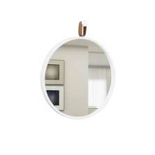 Espelho Decorativo Short Strip Branco Alça Corino Caramelo 60 cm Redondo 