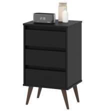 Mesa de Cabeceira Retrô Wood 3 Gavetas Organizadoras Pés Palito Anti-Umidade Mesinha Decorativa Quarto Lateral Cama - Preto - RPM Móveis