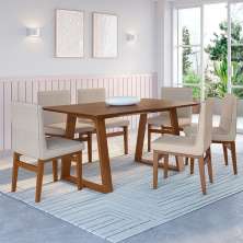 Conjunto de Mesa de Jantar Retangular com Tampo Madeira Carter e 6 Cadeiras Biena Algodão Bege e Nogueira