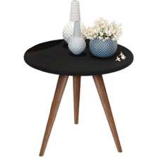 Mesa Lateral Redonda Vitória Pés de 50 cm em Madeira Maciça e Tampo MDF Preto