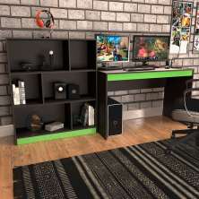 Conjunto de Mesa Gamer Hype com Estante de Escritório Darci Preto e Verde