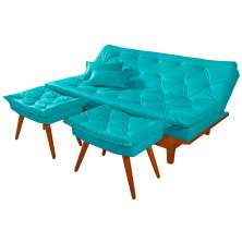 Sofá Cama Caribe 3 Lugares Com 2 Banquetas Revestimento Courino Sintético