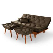 Sofa Cama Caribe 3 Lugares Reclinavel Com 2 Banquetas Base Em Madeira Revestido Suede