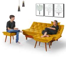 Sofa Cama Caribe 3 Lugares Reclinavel Com 2 Banquetas Base Em Madeira Revestido Suede