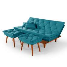 Sofa Cama Caribe 3 Lugares Reclinavel Com 2 Banquetas Base Em Madeira Revestido Suede