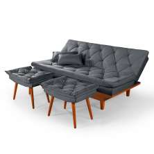 Sofa Cama Caribe 3 Lugares Reclinavel Com 2 Banquetas Base Em Madeira Revestido Suede