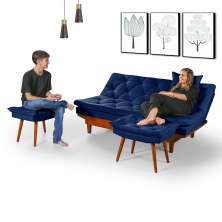 Sofa Cama Caribe 3 Lugares Reclinavel Com 2 Banquetas Base Em Madeira Revestido Suede
