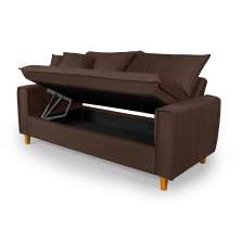 Sofa Living com Bau Multiuso 3 Lugares Suede Pes em Madeira