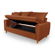 Sofa Living com Bau Multiuso 3 Lugares Suede Pes em Madeira