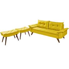 Sofa Retro Bariloche 3 Lugares Tecido Suede Com Duas Banquetas Rubi Pes em Madeira