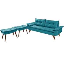 Sofa Retro Bariloche 3 Lugares Tecido Suede Com Duas Banquetas Rubi Pes em Madeira
